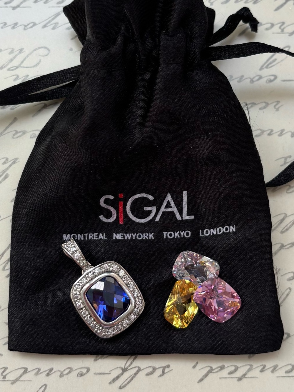 David Sigal Sterling Silver Cushion Cut Blue Stone Pendant Bundle + Extra Gems